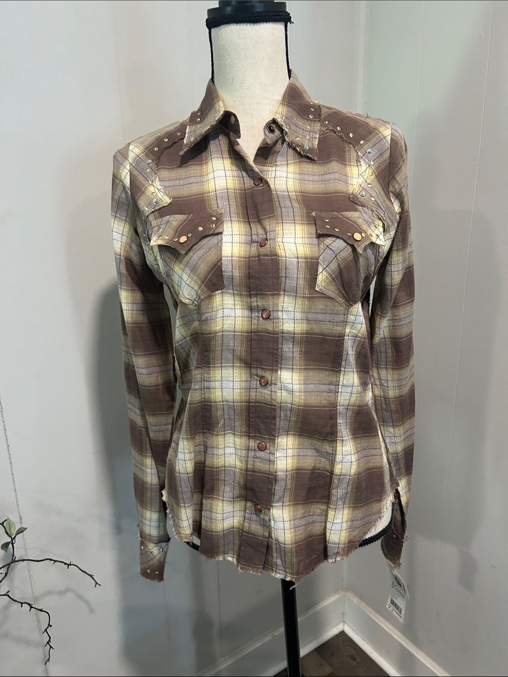 Cruel Girl Brown, Cream and Yellow Plaid Button-Down Shirt with Stud Accents